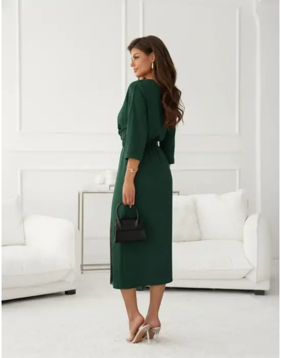 Kadın Uzun Kollu Kruvaze Yakalı Yandan Dantelli Midi Ithal Krep Elbise