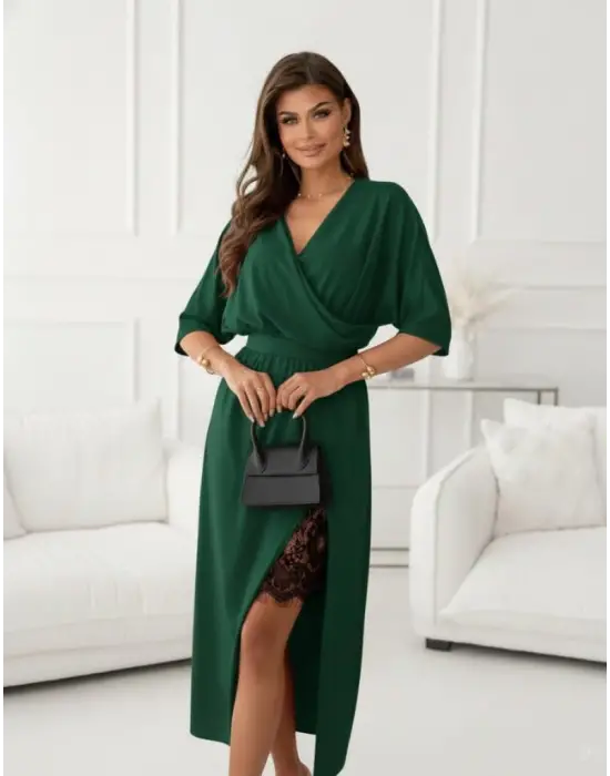 Yandan Dantelli Midi İthal Krep Elbise