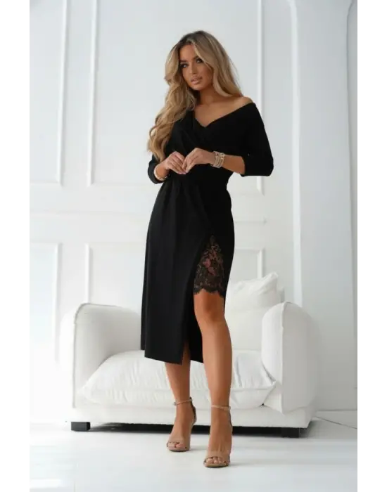 Kadın Uzun Kollu Kruvaze Yakalı Yandan Dantelli Midi Ithal Krep Elbise