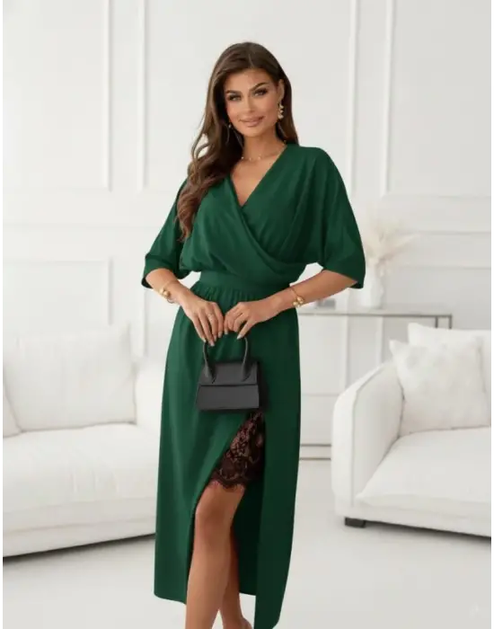 Kadın Uzun Kollu Kruvaze Yakalı Yandan Dantelli Midi Ithal Krep Elbise