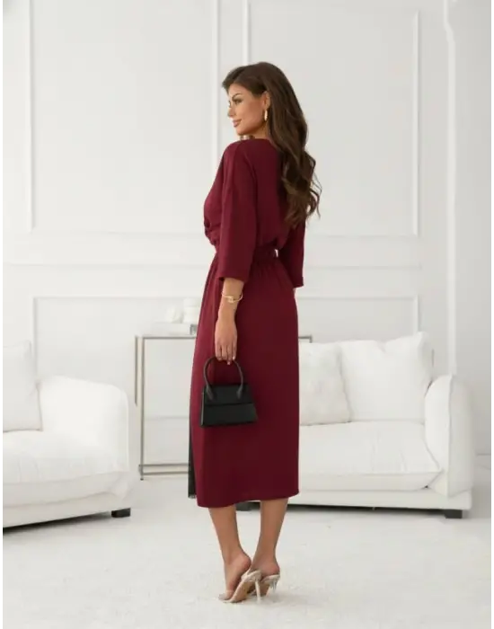 Zarif Yandan Dantelli Midi İthal Krep Elbise