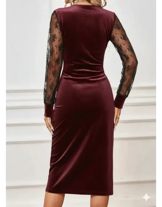 Kadın Uzun Kollu Kruvaze Yakalı Yandan Düğmeli önden çapraz Kesin Detaylı Midi Kadife Elbise