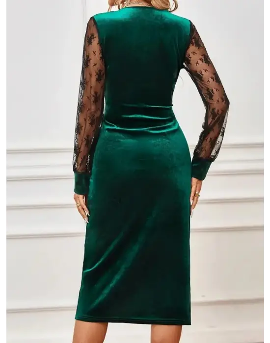 Kadın Uzun Kollu Kruvaze Yakalı Yandan Düğmeli önden çapraz Kesin Detaylı Midi Kadife Elbise