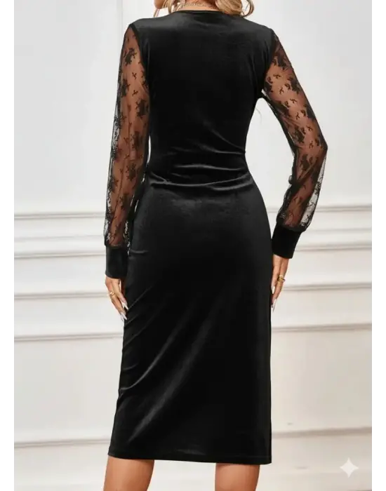 Kadın Uzun Kollu Kruvaze Yakalı Yandan Düğmeli önden çapraz Kesin Detaylı Midi Kadife Elbise