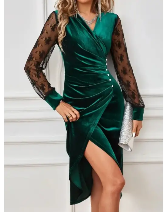 Kadın Uzun Kollu Kruvaze Yakalı Yandan Düğmeli önden çapraz Kesin Detaylı Midi Kadife Elbise