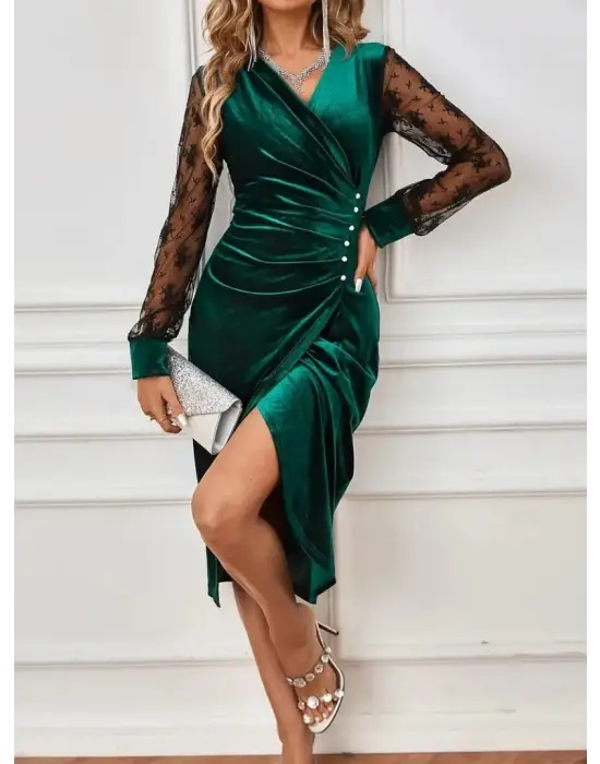 Kadın Uzun Kollu Kruvaze Yakalı Yandan Düğmeli önden çapraz Kesin Detaylı Midi Kadife Elbise