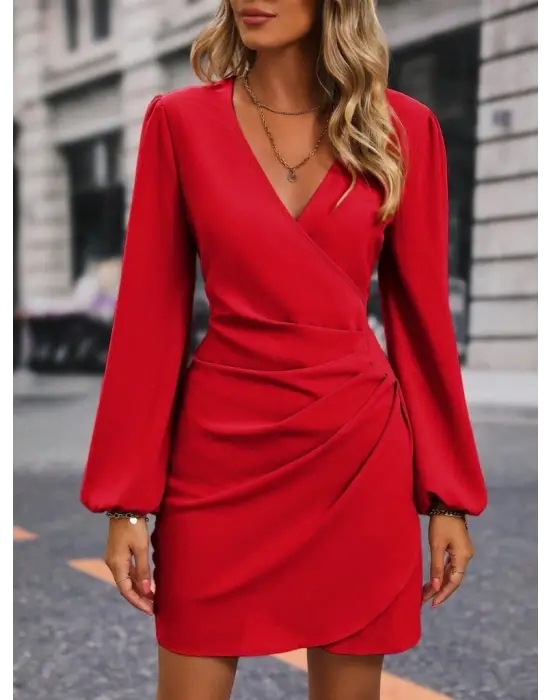 Kadın Uzun Kollu Kruvaze Yakalı Yanlardan Büzgü Detaylı Ithal Krep Kısa Elbise