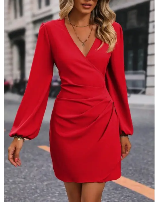 Kadın Uzun Kollu Kruvaze Yakalı Yanlardan Büzgü Detaylı Ithal Krep Kısa Elbise