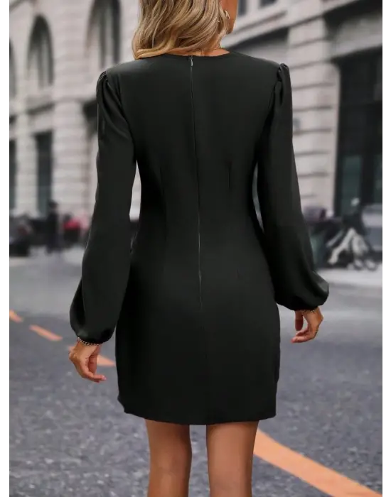 Kadın Uzun Kollu Kruvaze Yakalı Yanlardan Büzgü Detaylı Ithal Krep Kısa Elbise