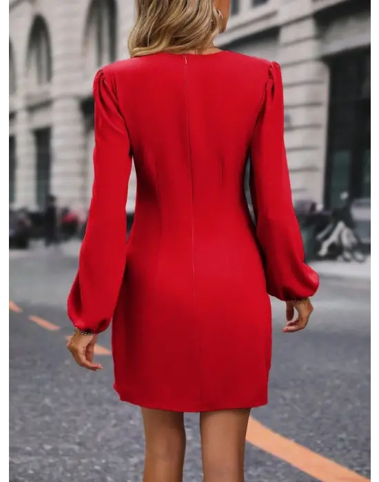 Kadın Uzun Kollu Kruvaze Yakalı Yanlardan Büzgü Detaylı Ithal Krep Kısa Elbise