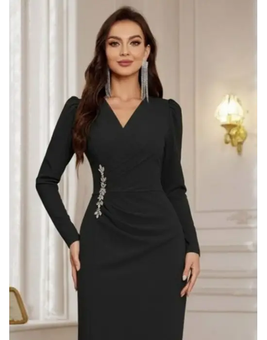 Kadın Uzun Kollu Kruvaze Yakalı Yanları Taşlı Yırtmaçlı Uzun Ithal Krep Elbise