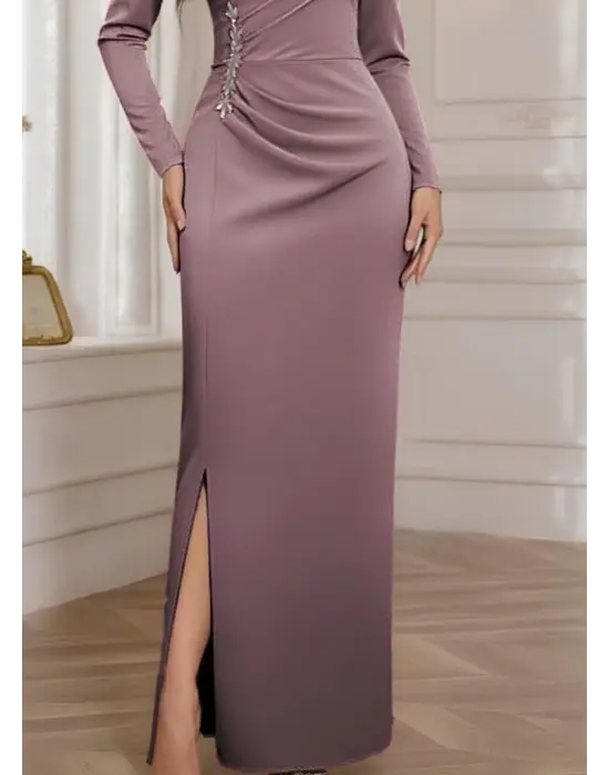 Kadın Uzun Kollu Kruvaze Yakalı Yanları Taşlı Yırtmaçlı Uzun Ithal Krep Elbise