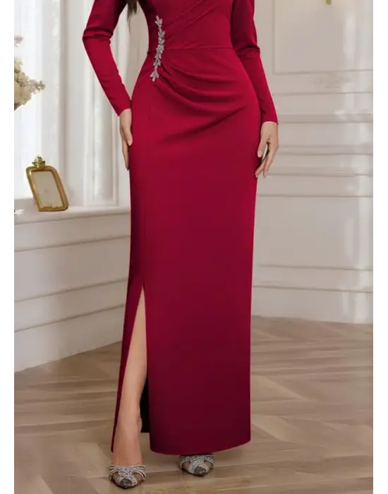 Kadın Uzun Kollu Kruvaze Yakalı Yanları Taşlı Yırtmaçlı Uzun Ithal Krep Elbise