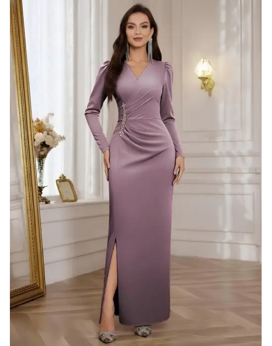 Kadın Uzun Kollu Kruvaze Yakalı Yanları Taşlı Yırtmaçlı Uzun Ithal Krep Elbise