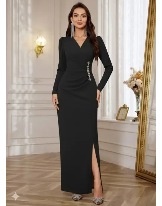 Kadın Uzun Kollu Kruvaze Yakalı Yanları Taşlı Yırtmaçlı Uzun Ithal Krep Elbise