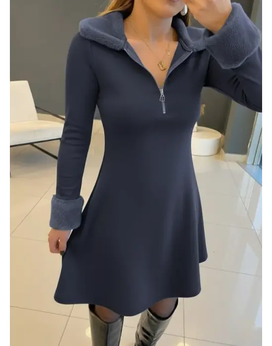 Kadın Uzun Kollu Kürk Yakalı Fermuarlı Mini Viskon Iki Iplik Elbise