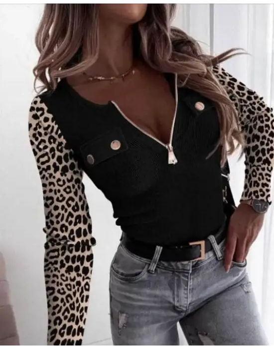 Kadın Uzun Kollu Leopar Desenli Fermuarlı önden Cep Ve Düğme Detaylı Kaşkorse Bluz