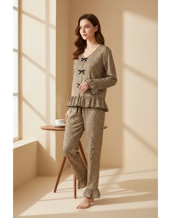 Kadın Uzun Kollu Leopar Desenli Fiyonklu Ev Giyim Pijama Takımı