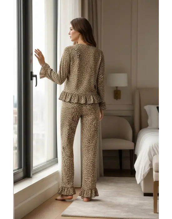 Kadın Uzun Kollu Leopar Desenli Fiyonklu Ev Giyim Pijama Takımı