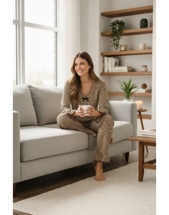 Kadın Uzun Kollu Leopar Desenli Fiyonklu Ev Giyim Pijama Takımı