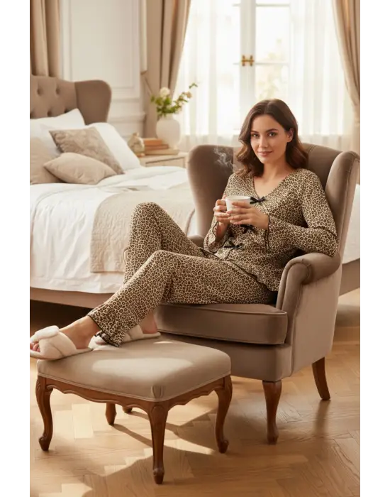 Kadın Uzun Kollu Leopar Desenli Fiyonklu Ev Giyim Pijama Takımı