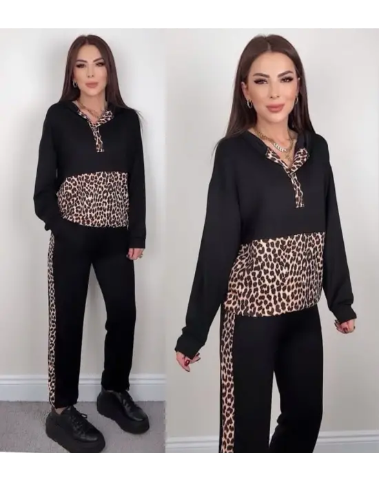 Kadın Uzun Kollu Leopar Detay Sweat Ve Yanı Leopar şerit Detay Pantolon Ikili Takım