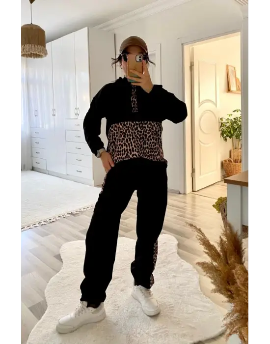 Kadın Uzun Kollu Leopar Detay Sweat Ve Yanı Leopar şerit Detay Pantolon Ikili Takım