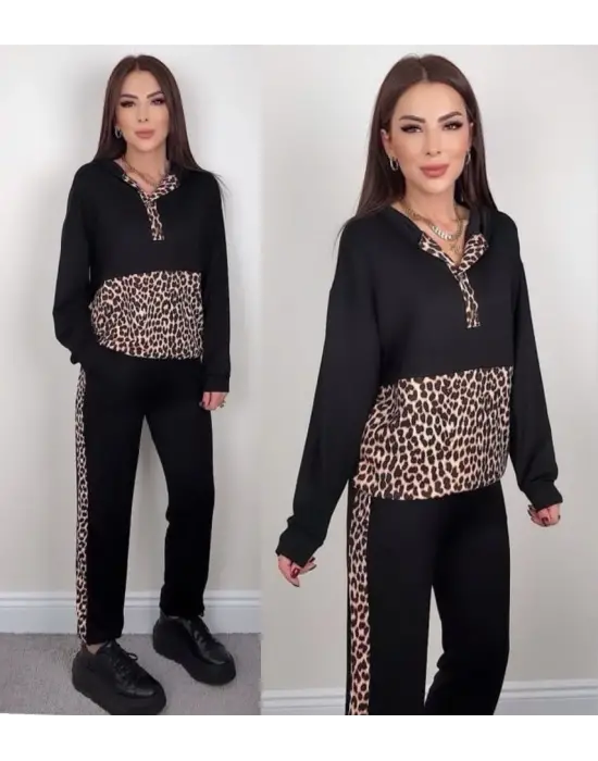 Kadın Uzun Kollu Leopar Detay Sweat Ve Yanı Leopar şerit Detay Pantolon Ikili Takım