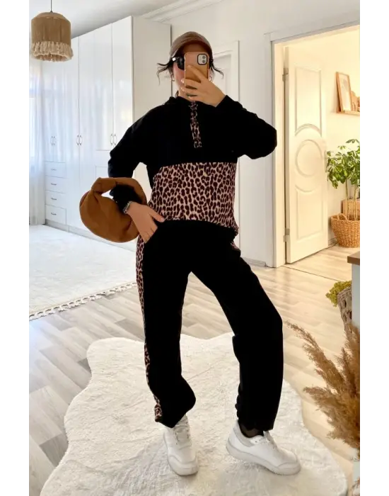 Kadın Uzun Kollu Leopar Detay Sweat Ve Yanı Leopar şerit Detay Pantolon Ikili Takım