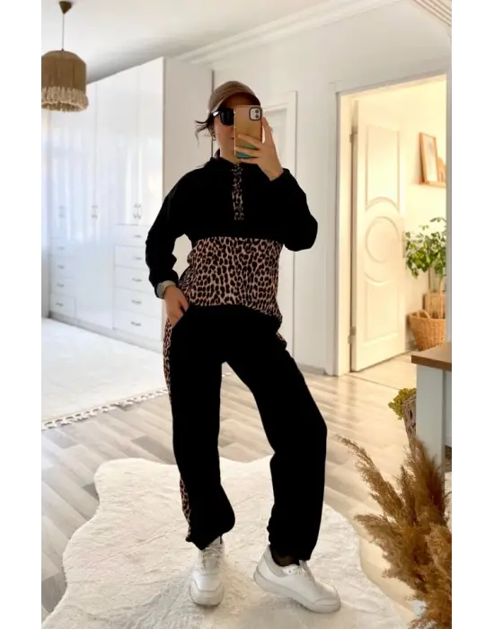 Kadın Uzun Kollu Leopar Detay Sweat Ve Yanı Leopar şerit Detay Pantolon Ikili Takım