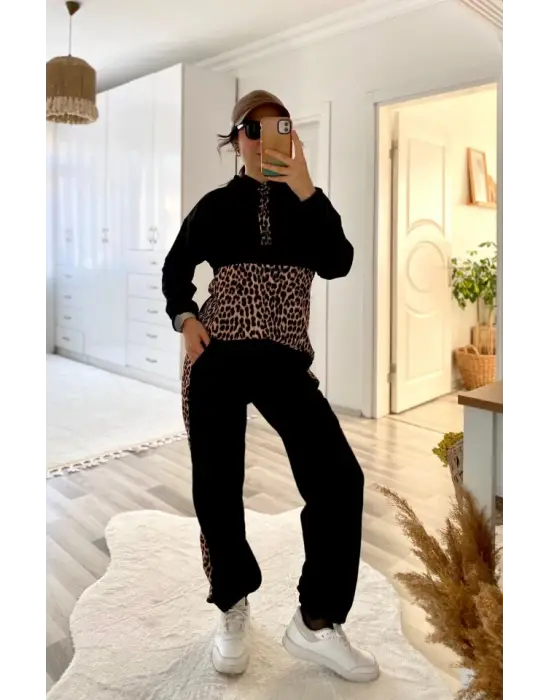 Kadın Uzun Kollu Leopar Detay Sweat Ve Yanı Leopar şerit Detay Pantolon Ikili Takım