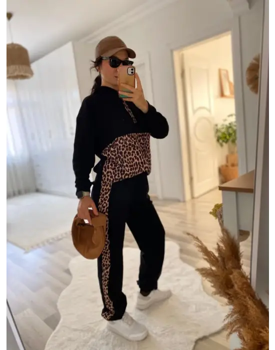 Kadın Uzun Kollu Leopar Detay Sweat Ve Yanı Leopar şerit Detay Pantolon Ikili Takım