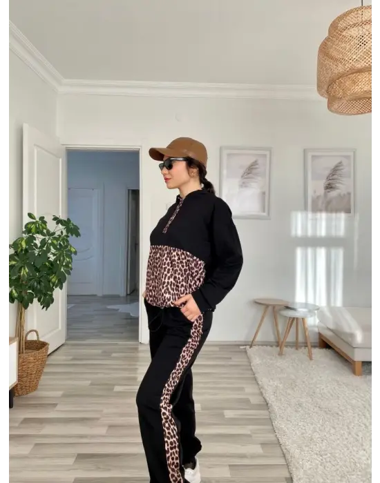 Kadın Uzun Kollu Leopar Detay Sweat Ve Yanı Leopar şerit Detay Pantolon Ikili Takım