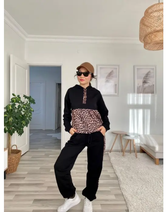 Kadın Uzun Kollu Leopar Detay Sweat Ve Yanı Leopar şerit Detay Pantolon Ikili Takım
