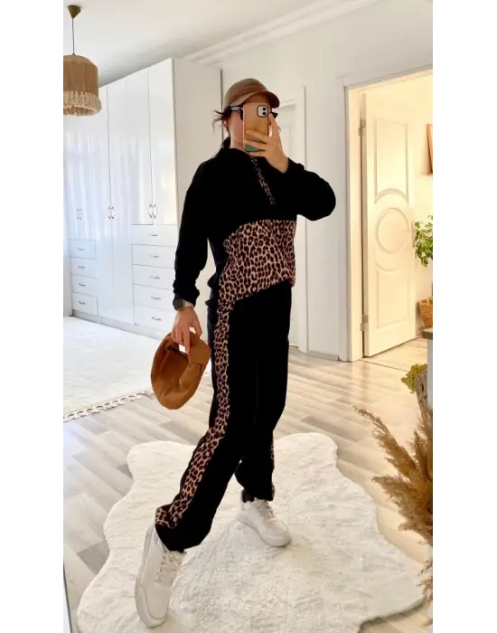Kadın Uzun Kollu Leopar Detay Sweat Ve Yanı Leopar şerit Detay Pantolon Ikili Takım