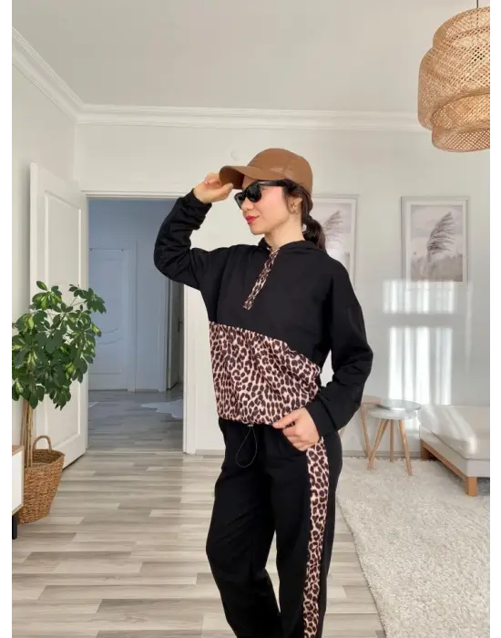 Kadın Uzun Kollu Leopar Detay Sweat Ve Yanı Leopar şerit Detay Pantolon Ikili Takım