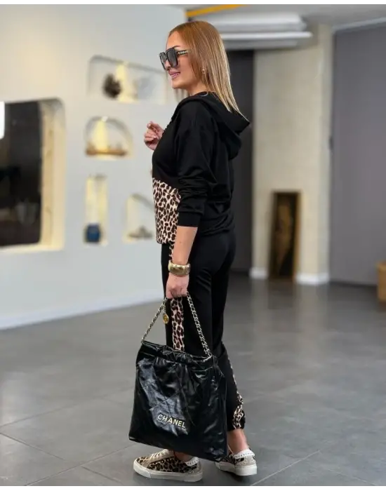 Kadın Uzun Kollu Leopar Detay Sweat Ve Yanı Leopar şerit Detay Pantolon Ikili Takım