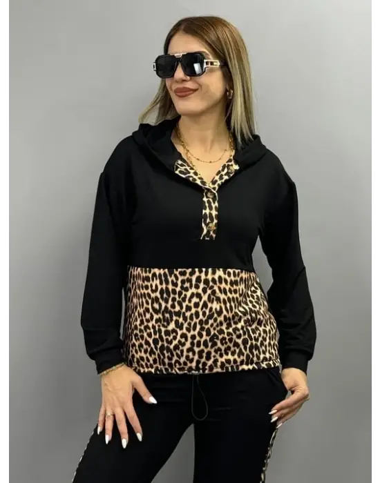 Kadın Uzun Kollu Leopar Detay Sweat Ve Yanı Leopar şerit Detay Pantolon Ikili Takım
