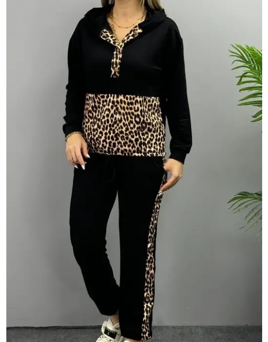 Kadın Uzun Kollu Leopar Detay Sweat Ve Yanı Leopar şerit Detay Pantolon Ikili Takım