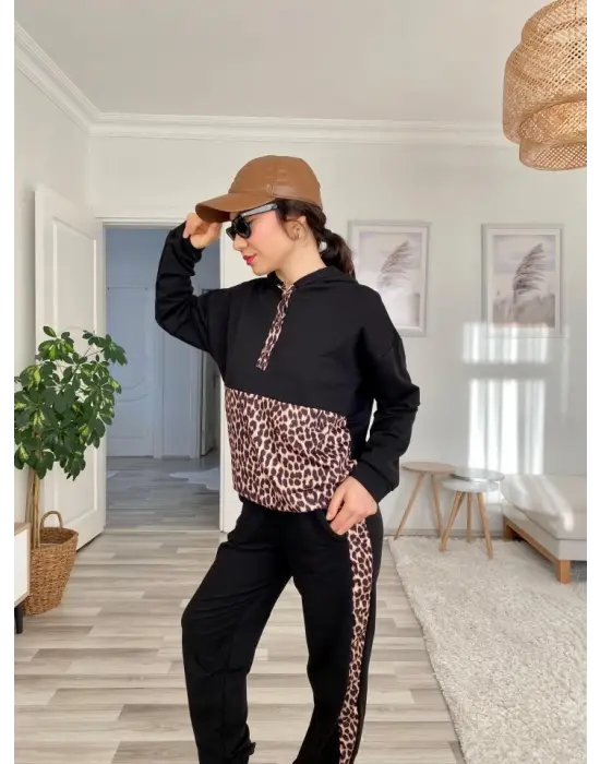 Kadın Uzun Kollu Leopar Detay Sweat Ve Yanı Leopar şerit Detay Pantolon Ikili Takım