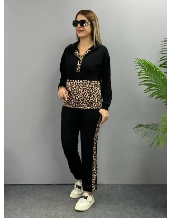 Kadın Uzun Kollu Leopar Detay Sweat Ve Yanı Leopar şerit Detay Pantolon Ikili Takım