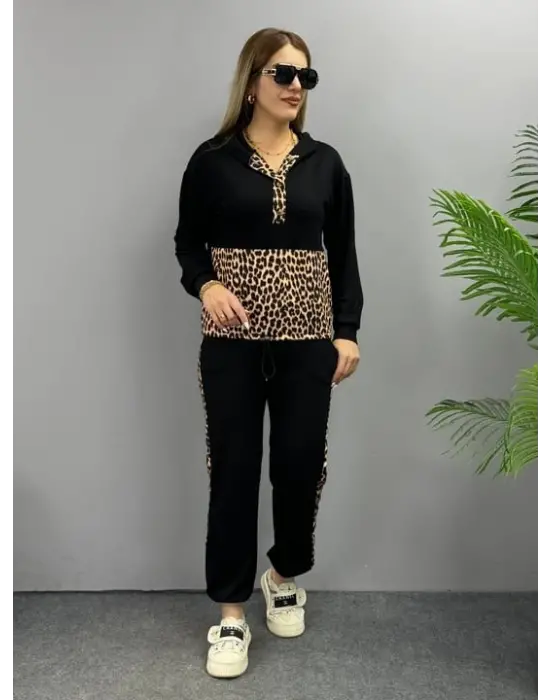 Kadın Uzun Kollu Leopar Detay Sweat Ve Yanı Leopar şerit Detay Pantolon Ikili Takım