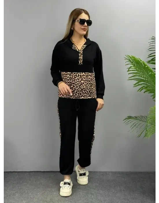 Kadın Uzun Kollu Leopar Detay Sweat Ve Yanı Leopar şerit Detay Pantolon Ikili Takım