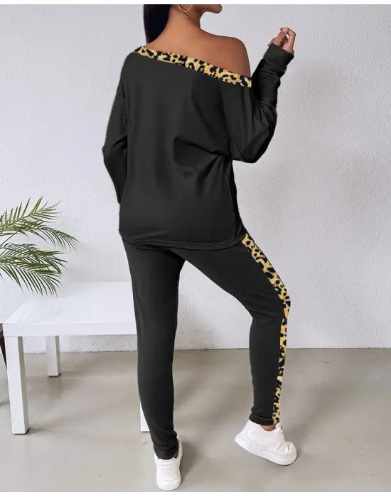 Kadın Uzun Kollu Leopar Detay Viskon Iki Iplik Ikili Takım