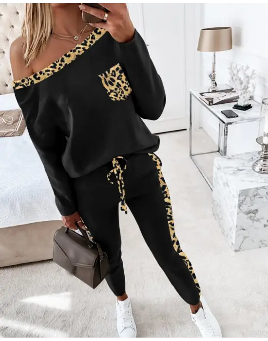 Kadın Uzun Kollu Leopar Detay Viskon Iki Iplik Ikili Takım