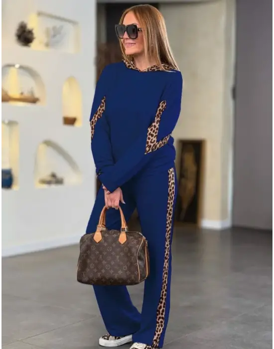 Kadın Uzun Kollu Leopar Detaylı Viskon Eşofman Takımı