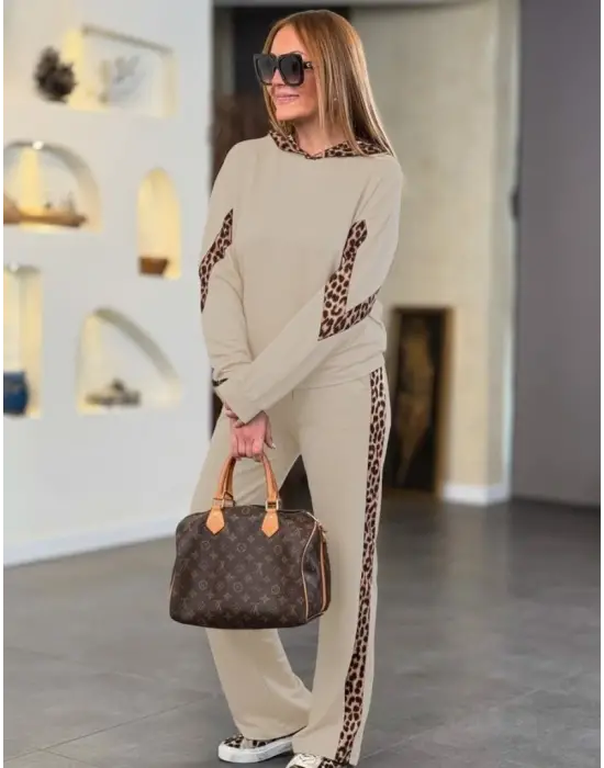 Kadın Uzun Kollu Leopar Detaylı Viskon İki İplik Eşofman Takımı