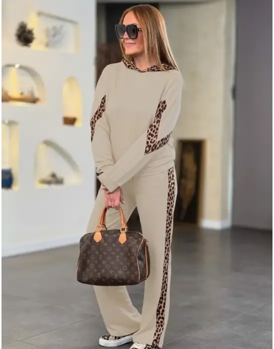 Kadın Uzun Kollu Leopar Detaylı Viskon Iki Iplik Eşofman Takımı