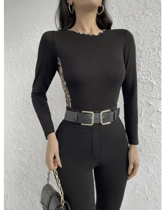 Kadın Uzun Kollu Leopar şeritli Viskon Bluz