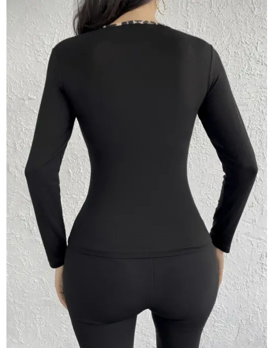 Kadın Uzun Kollu Leopar şeritli Viskon Bluz